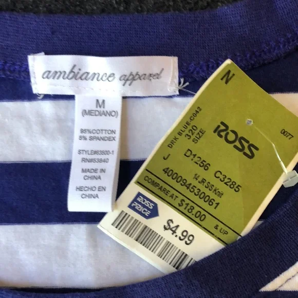 Ambiance Apparel Woman’s 95% Cotton Blue-White Striped T-Shirt Soft Size M - Picture 5 of 13